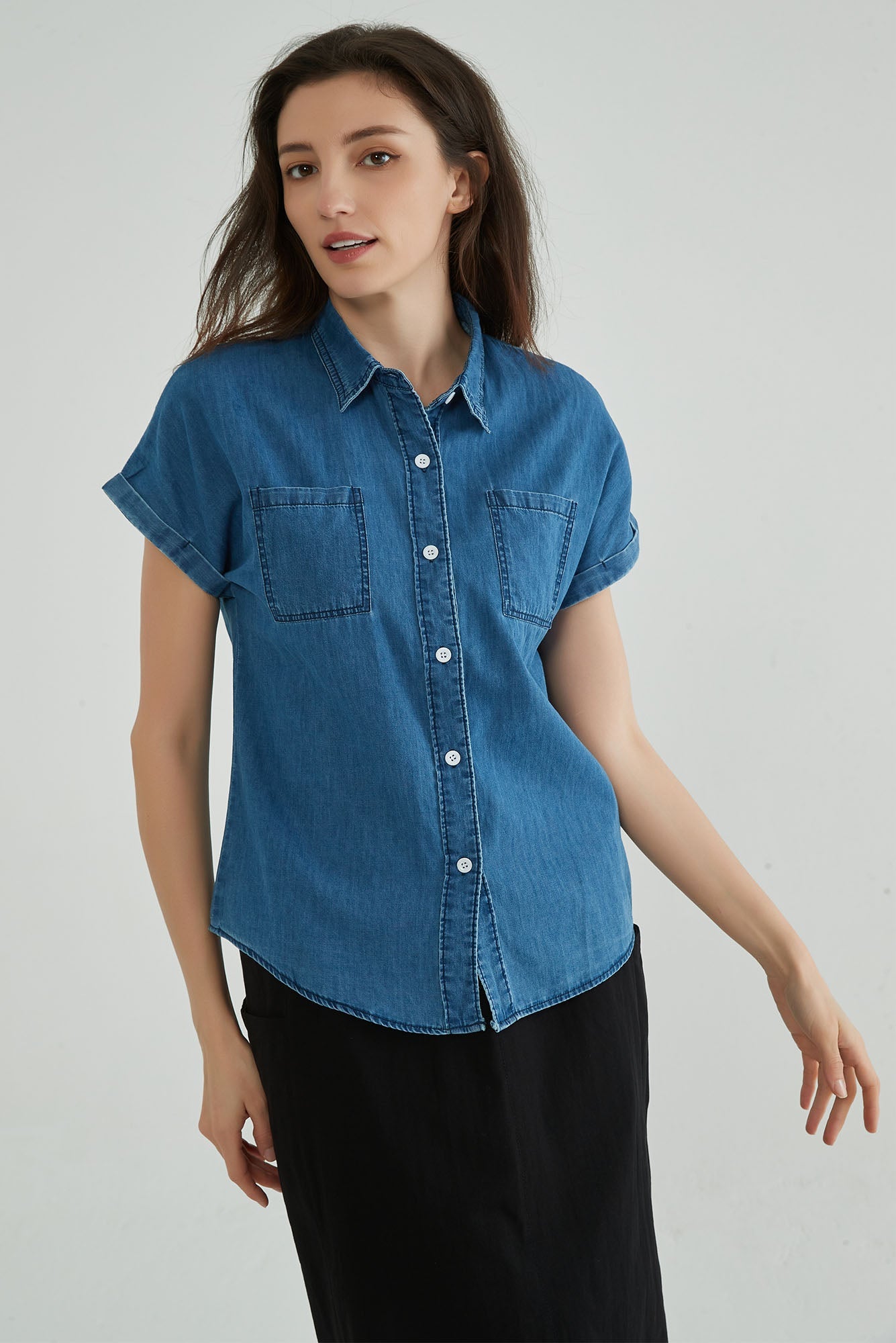 Indigo Blue Short Sleeve Denim Shirt Womens - Whisper Mint